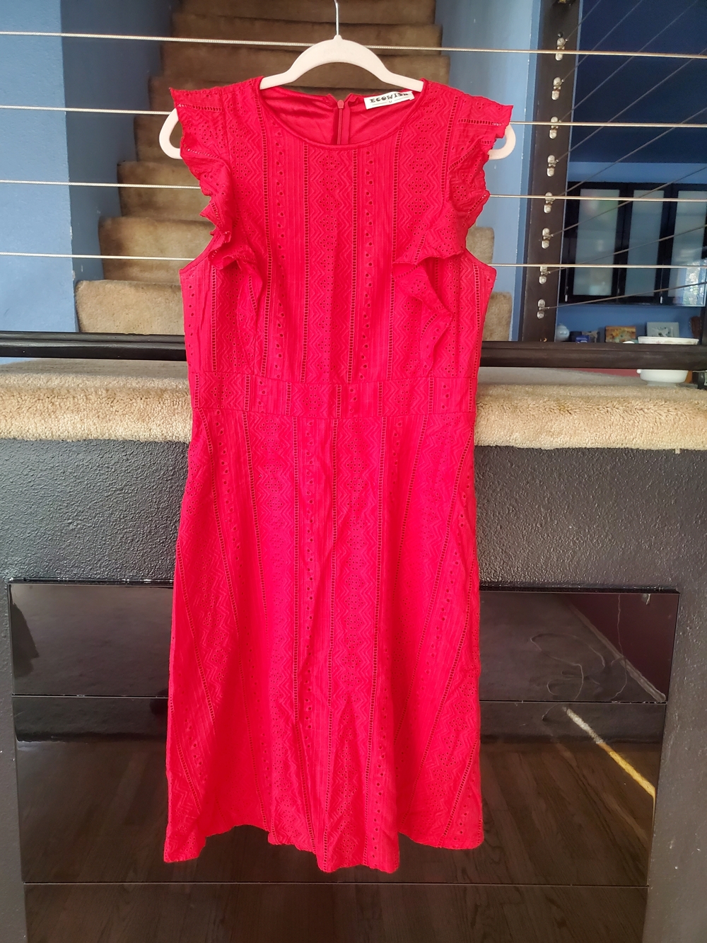 Red Eyelet Ruffle-Trim Midi Dress by Rebecca Taylor